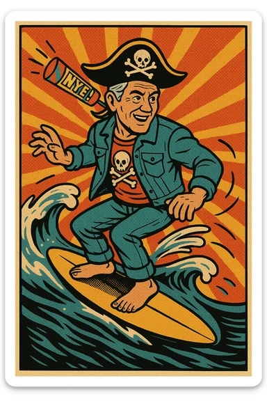 Change the surfer's hair to grey, keep all other details the same, in a style suitable for editing. sticker