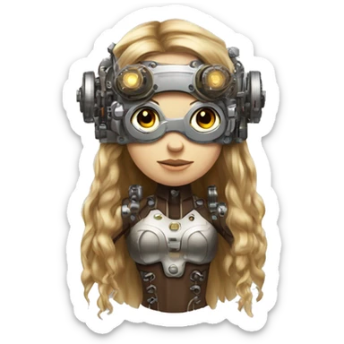 Brown long hair with blonde steaks female cyborg head, fair skin, steampunk goggles and circuits sticker