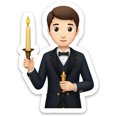 This man holding a candlestick and wearing a blazer sticker