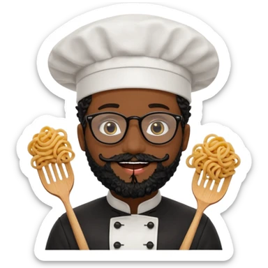 CHEF CON PELO NEGRO RIZO Y BARBA NEGRA, OJOS MARRON OSCURO Y GAFAS DE PASTA NEGRAS. SONRIE Y TIENE MARCAS DE BESOS CON FORMA DE LABIOS EN LAS MEJILLAS (COMO MANCHAS DE PINTALABIOS) sticker