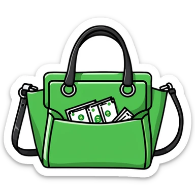 black leather handbag with dollar bill visible inside sticker