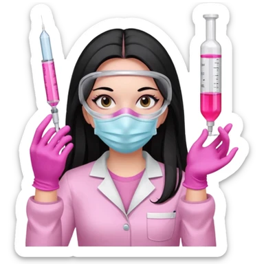 laboratorista con guantes rosa y mascarilla rosa jeringa tubo laboratorio sin lentes y ojos negros cabello largo negro color ojos oscuro color y cabello largo lacio guantes camisa y maascarilla mismo color sticker