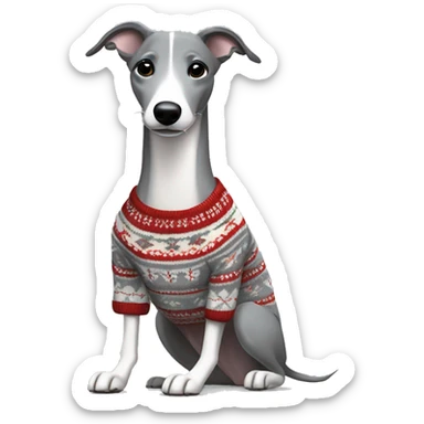 Grey whippet in a fair isle jumper playing sticker