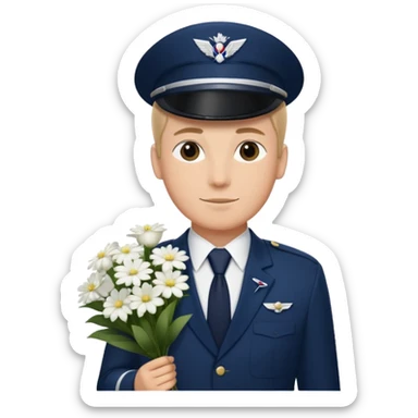 Homme avec bouquet fleurs blanches, avec uniforme bleu foncé cravate rouge comme Air France  sticker