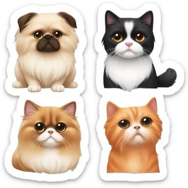 A pekingese dog, 1 orange cat, 1 tuxedo cat and 2 domestic cats sitting together sticker