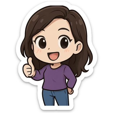 chibi emote of a woman in a purple blouse and jeans, giving thumbs up, no headband, no sparkles, no wand, transparent background sticker
