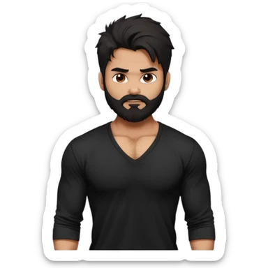 generate a pretty bratz Shahid kapoor with heavy beard and looking angry.
Make him wear a black full sleeve v neck tshirt. muscular but still lean
He shoudl look like shahid kapoor. Long messy black hair sticker