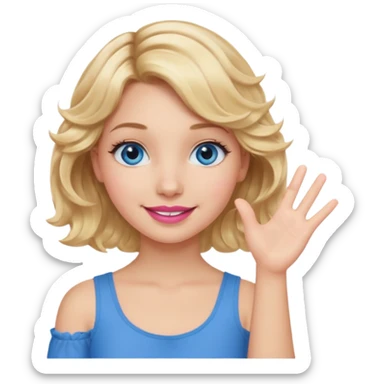 Girl Blonde short wavy hair,  blue eyes, cute blue top, long lashes, pink lips, smiling, one hand palm up sticker