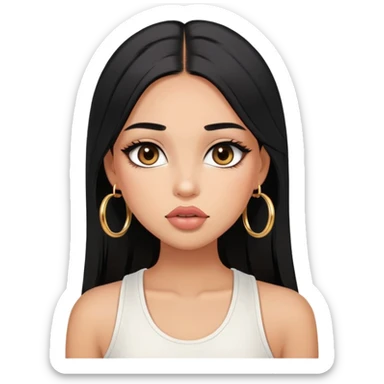 Tan-skinned girl, long straight black hair center-part, big brown eyes, gold hoops, white tank, prominent blush, sassy, big lips, makeup sticker