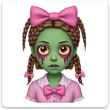 Garota zumbi com pele verde, tranças castanhas no cabelo, olhos castanhos, laço rosa na cabeça e camisa rosa sticker