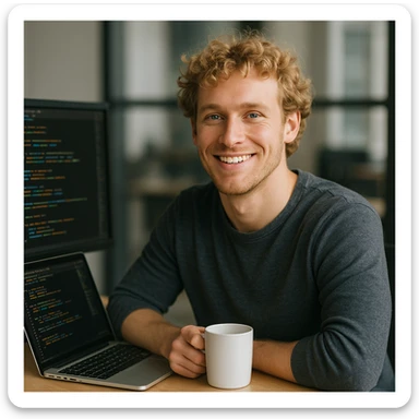male software developer with blonde curly hair and blue eyes, sitting at a desk with coffee mug, relaxed and smiling sticker