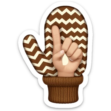 thumbs up fist in brown knit mitten with zig-zag beige pattern, no face sticker