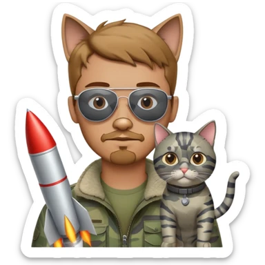A man with short light brown hair with little beard, in aviator sunglasses, with grey cat in camouflage, making rockets sticker