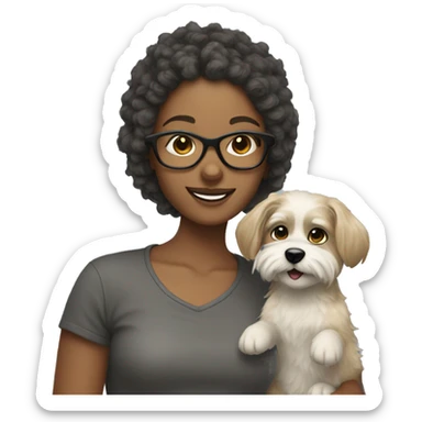 smiling girl with dark blonde hair and glasses holding a scruffy dog with gray and blonde fur sticker