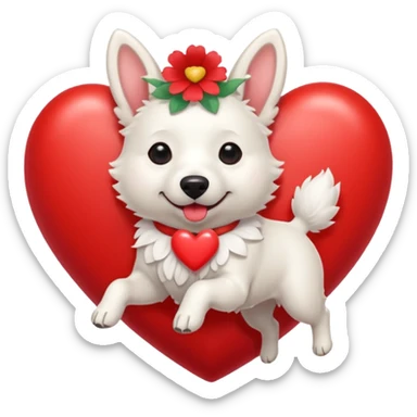 White belgian Dog with a flowerband on head is jumping on a heart sticker