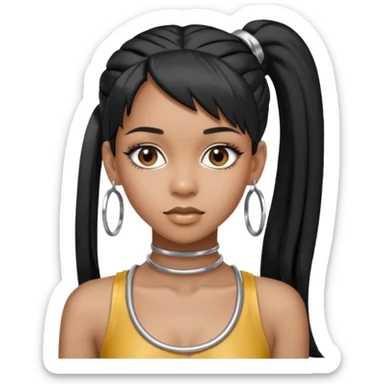 Left Eye from TLC with long black ponytail hair, silver outfit sticker