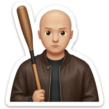 Bald Russian 1990s gangster emoji, leather jacket, , serious face with a bat sticker