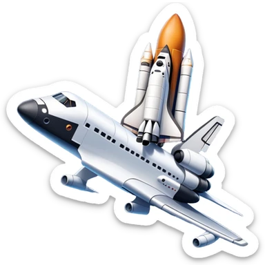 An icon featuring a space shuttle and an airplane against a starry sky, symbolizing aerospace technology. The design includes rocket boosters and satellite orbits, representing the exploration of space and advanced aviation. Transparent background sticker