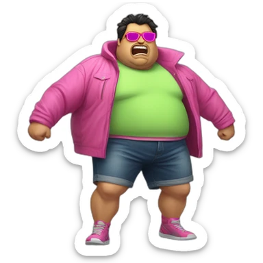 fat man with dark hair,a vibrant long yellow jacket, pink glasses, short jeans shorts. Show full lenght peson, person fighting a monster as superhero sticker