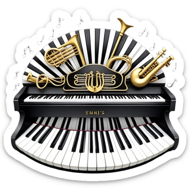 Create a detailed and elegant emoji collage representing keyboard instruments in a celebratory and professional style, reminiscent of a coat of arms. The design should feature a central arrangement of black and white piano keys, forming a symmetrical, powerful image. Around the keys, include a flowing ribbon of musical notes that intertwines with the keys, creating a sense of movement and harmony. Use gold and silver accents to highlight the keys and musical notes, giving the design a festive, high-quality appearance. The design should convey professionalism, elegance, and a sense of occasion. Add subtle reflections on the piano keys to enhance the polished look. The background should be transparent. sticker