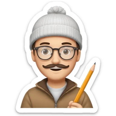 A creative young man with a pencil, glasses and a beanie. He holds a pen in his hand. He has a slight moustache and bit of a beard sticker