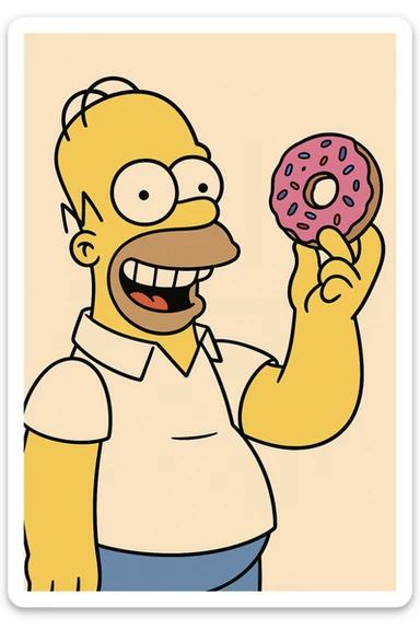 Homer Simpson grinning, holding a donut up, classic cartoon look, yellow skin, pink donut, plain background sticker