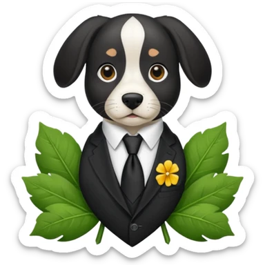 Un Springer allemand noir en costard-cravate et dans la petite poche du costard il y a un trèfle à quatre feuilles sticker