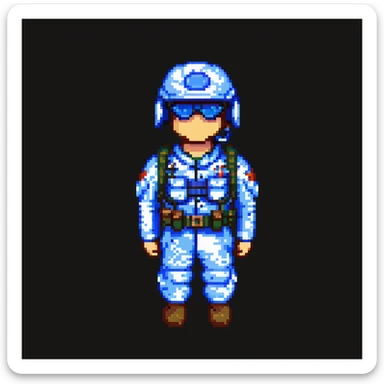 roblox military man, blocky figure, blue camo, helmet with goggles, standing at attention, simple background sticker