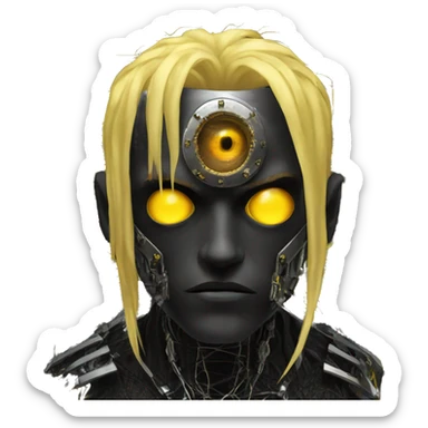 black metal male cyborg head with artificial eyeball, circuitry and dreaded yellow gold hair sticker