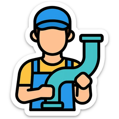 plumber holding a turquoise pipe, clean and professional sticker