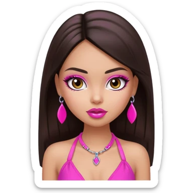 generate a pretty fair bratz girl with dark brown eyes, dark brown hair straight long. Wearing a hot pink halter neck top.  pink lipgloss sticker