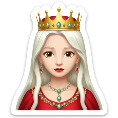 Queen with long white hair – jeweled golden crown, red dress. sticker