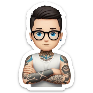 Blue eyed boy with black glasses and tattoos with arms crossed like an x sticker