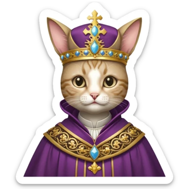 “Half-body humanoid figure with a realistic cat face, wearing ornate bishop robes and a mitre, dark gothic background, dramatic lighting, highly detailed.” sticker