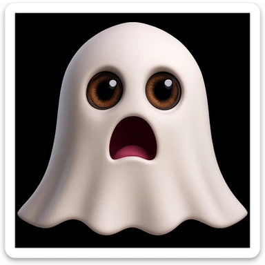 Make the eyes more realistic, with details and shine, keeping the white sheet with holes and the scared expression, in 3D emoji style. sticker