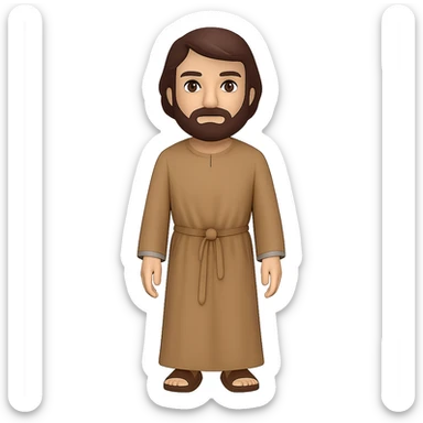 Create a full body, standing front view of Saint Joseph in an emoji style. He should wear a long tan robe similar to the reference image, have dark brown hair and beard. The background should be removed, leaving only the figure. sticker