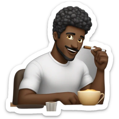 Hombre de pelo largo programando con un cigarro en la mano derecha y en la mano izquierda un cafe, pelo negro  color de piel blanco blanco  sticker