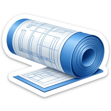 blue blueprint plan with white lines, side view, with one corner rolled up sticker