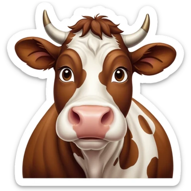 Cinematic Noble Brown and White Cow Portrait Emoji, Poised and regal, with a large, sturdy build and a beautifully patterned hide of rich brown accented by crisp white patches, deep-set soulful brown eyes, Simplified yet sharp and sophisticated features, highly detailed, glowing with a soft, dignified glow, high shine, intelligent and calm, stylized with an air of pastoral majesty, focused and attentive, soft glowing outline, capturing the essence of a watchful and confident bovine guardian, so majestic it feels as though it could amble out of the screen with effortless authority! sticker