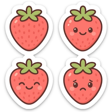 A series of illustrations stawberry in a kawaii emoji style, with detailed shading and highlights, thin clean outlines, soft and rounded features. Pastel color palette using  #FF5B5B, #CE4C4C,#CE4C4CThe style is inspired by modern Japanese pop art and sticker aesthetics. Highly detailed, vector clarity, soft lighting and subtle shadows. Transparent background without background. sticker