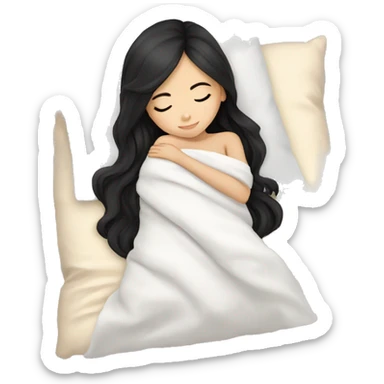 asian cute girl with long beauty black hair sleeping with white blanket and pillow sticker