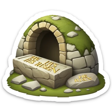 An empty tomb with stone rolled away and "He is risen" text sticker