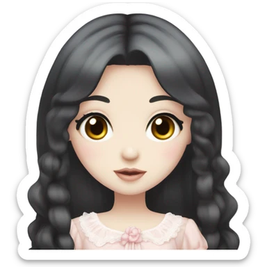 Pale pink eyes, pale skin, long black hair, long eyelashes, slim frame, light pink Lolita gyaru dress sticker