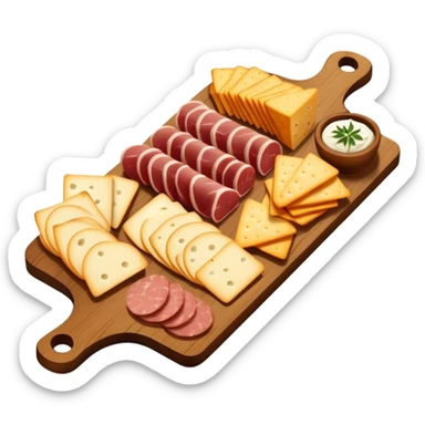 wooden board with sliced meats and cheese wedges sticker