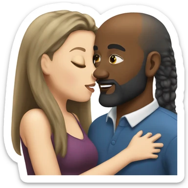 White girl brunette kissing black bald man with beard sticker
