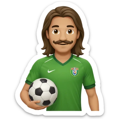 long hair man soccer player green jersey with mustache holding soccer ball sticker