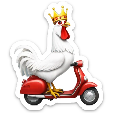 howling a white rooster with a crown on its head driving a scouter Vespa, realistic sticker