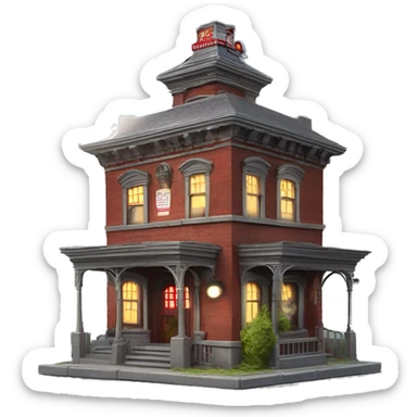 Very old dilapidated Firehouse building shaped like the Ghost Busters Firehouse with solar lights and decorative and detailed  sticker