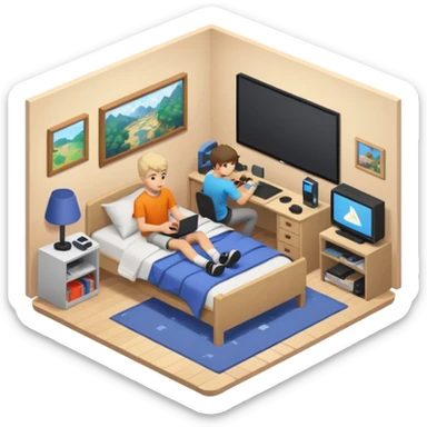 Teenage boy's ultra detailed bedroom interior isometric sticker