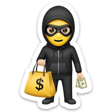a burglar emoji with a yellow face,black mask, white bag with a dollar sign on it, but with no body, just a head sticker